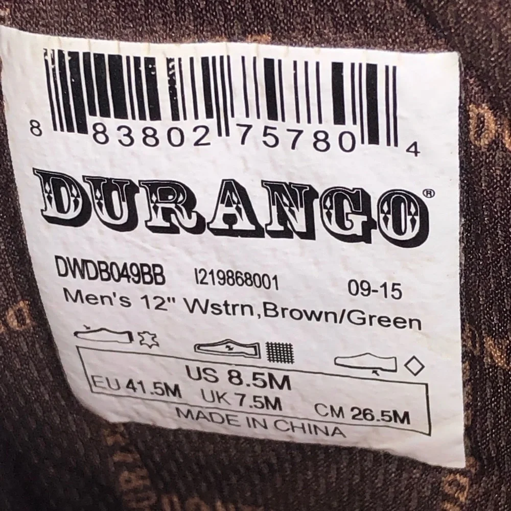 Durango Brown Leather Green Cowboy Western Boots Size 8.5